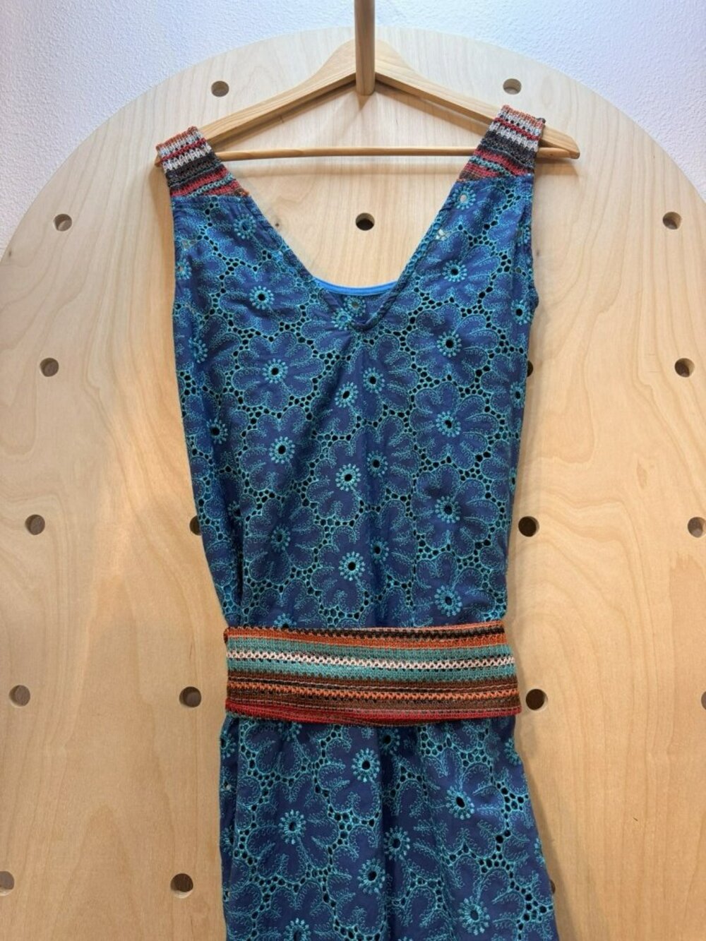 Save The Queen Italy Teal & Blue Eyelet Cotton Midi Dress Belted Boho Size M - Picture 9 of 16